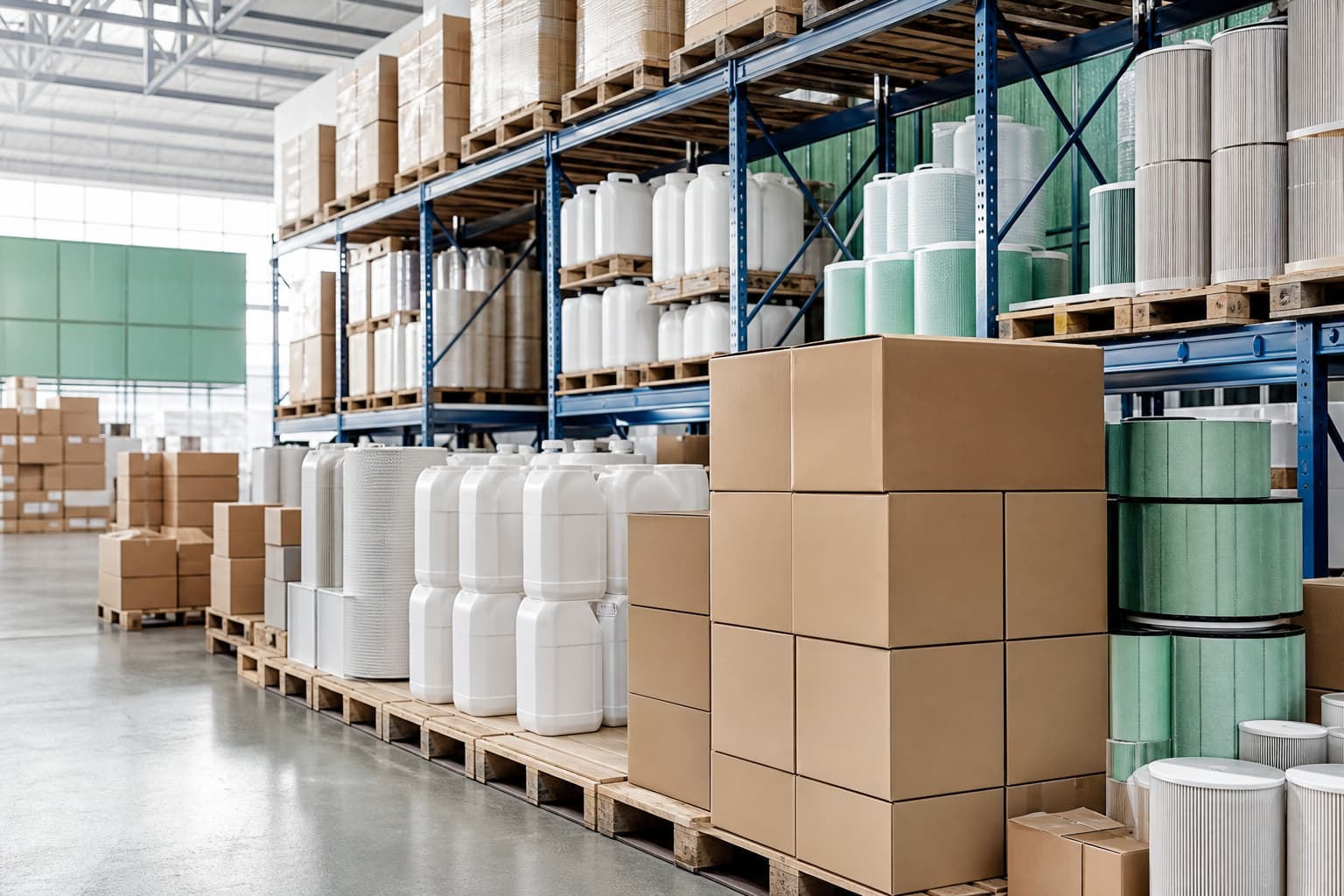 Export pallets of 20 L and 200 L cleaner drums.