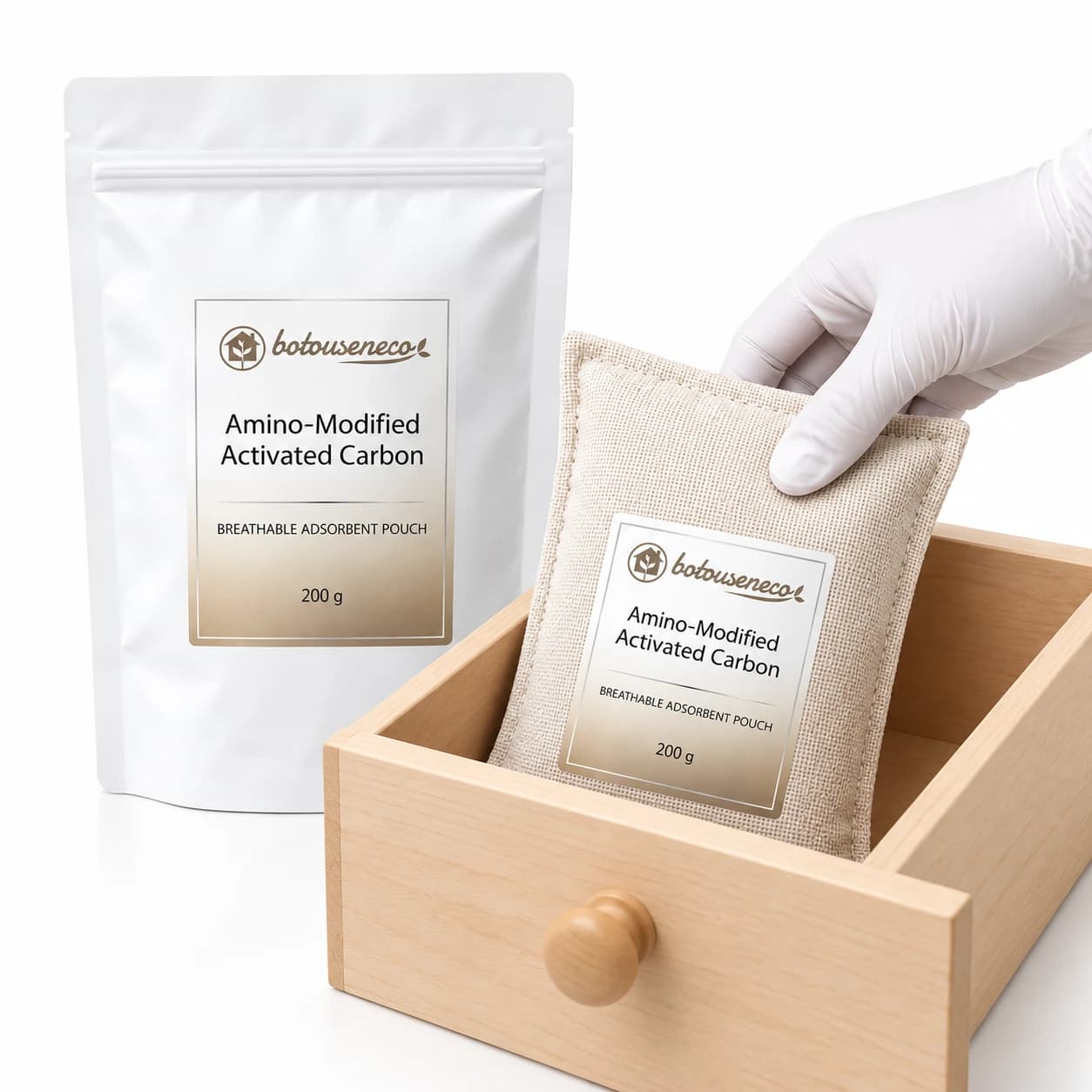 Placing zero-desorption Amino-Acid Modified Activated Carbon Pouches inside furniture compartments