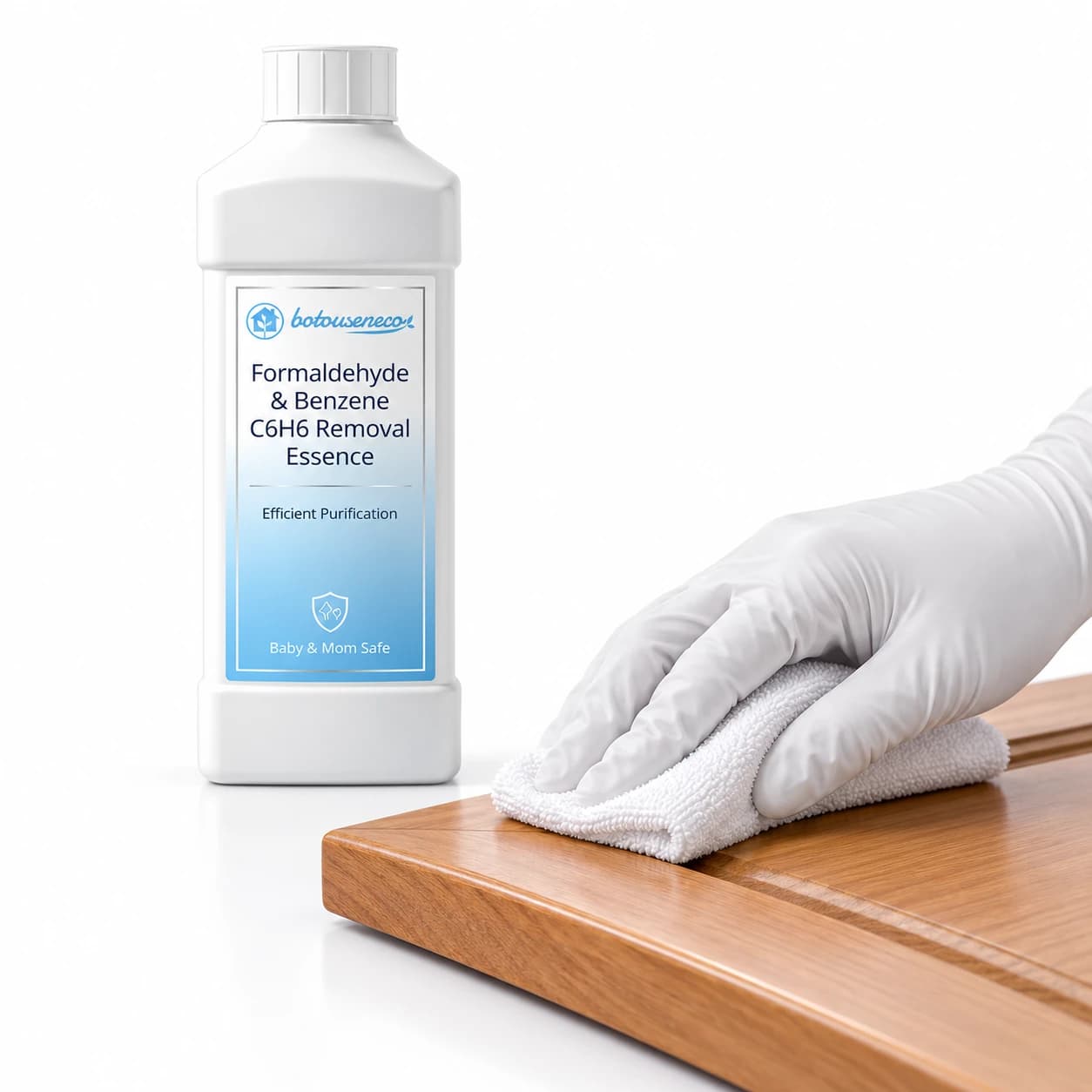 Applying dual-phase Formaldehyde & Benzene C6H6 Removal Essence along lacquered furniture seams