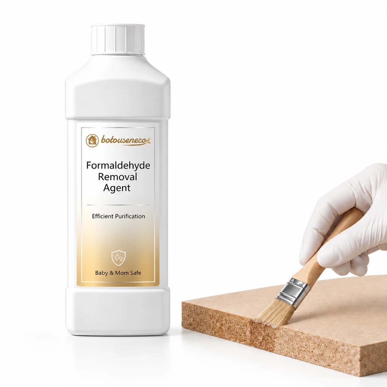 HVLP spray application of amino-polymer Formaldehyde Remover on engineered wood cabinetry
