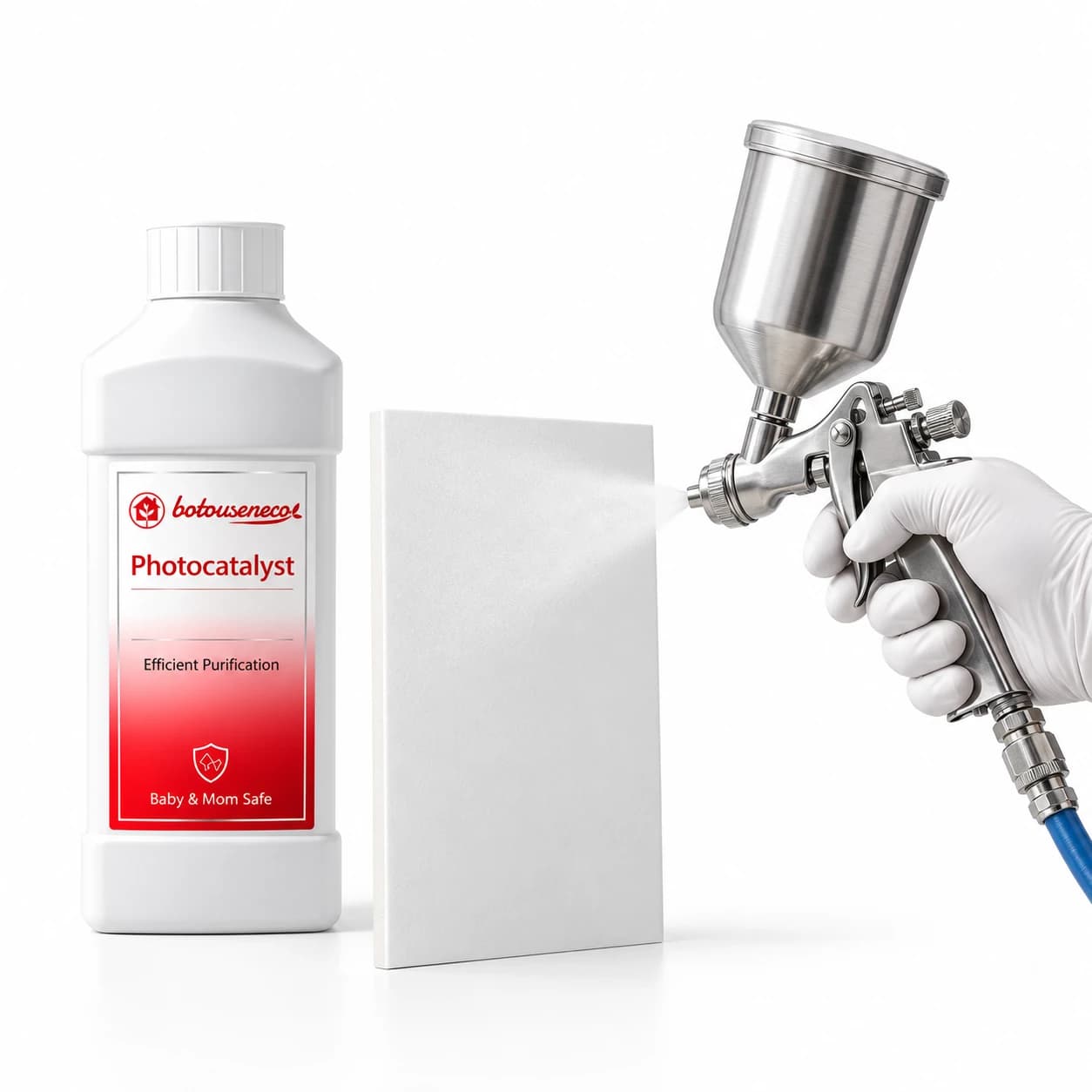 Precision 0.5 mm HVLP atomization of 5-10 nm visible-light Nano Photocatalyst Spray