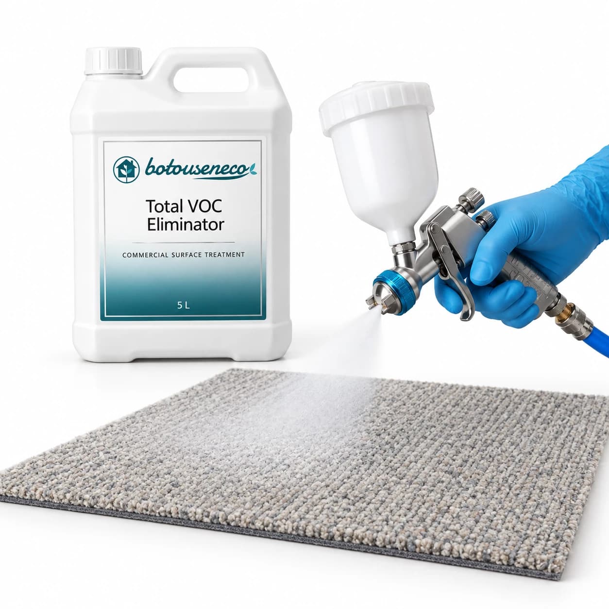 Commercial crew spraying engineering-grade Total VOC Eliminator in multi-unit project