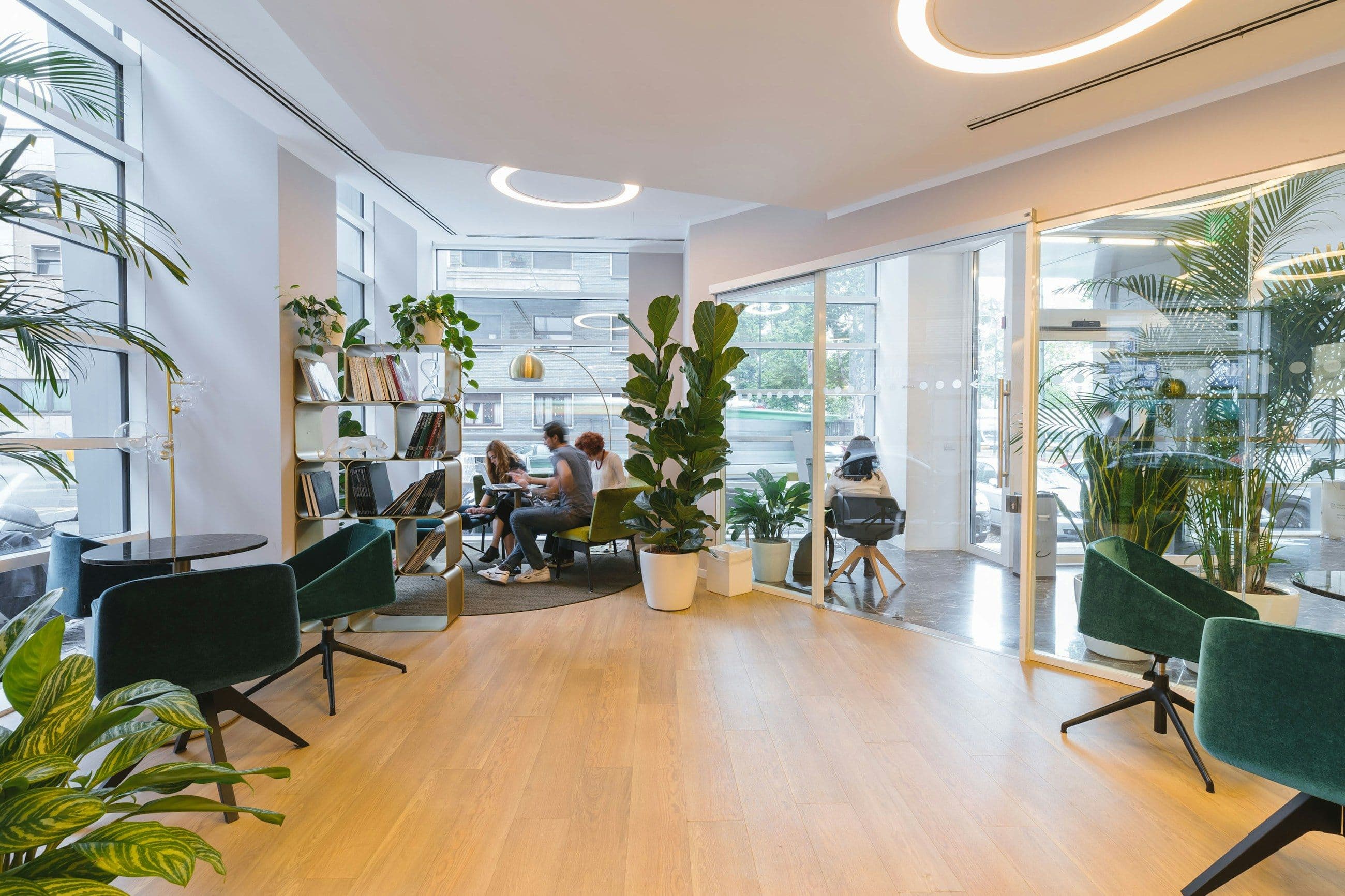 Modern sunlit corporate office lounge with LED ceiling fixtures activating wall photocatalyst coatings.