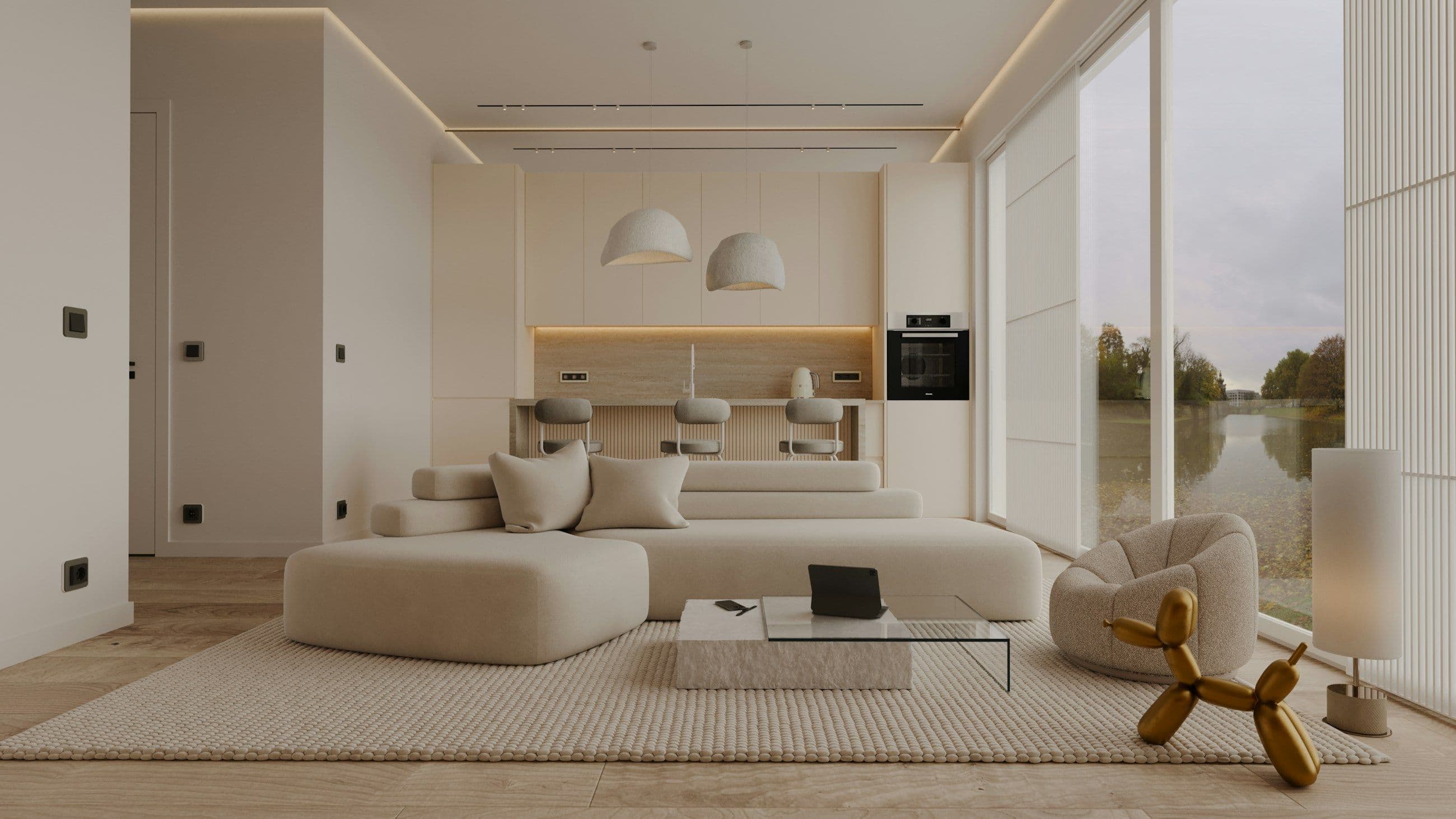 Warm spring sunlight streaming through floor-to-ceiling windows onto engineered wood flooring and cabinetry.
