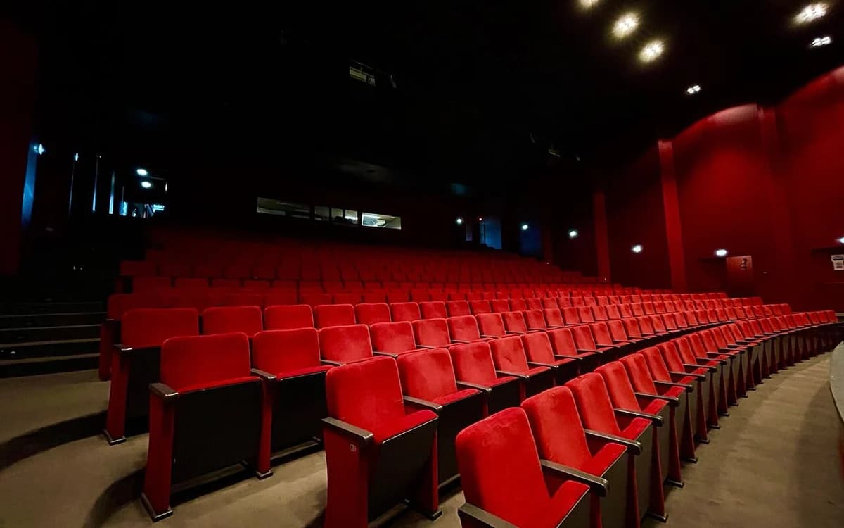 Cinema screening room interior with red upholstered armchairs and dark acoustic walls
