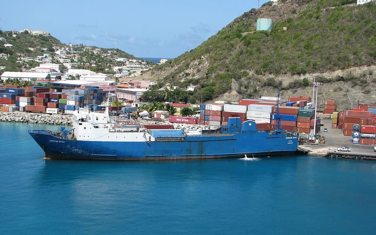 Container ship loading intermodal freight containers under port gantry cranes