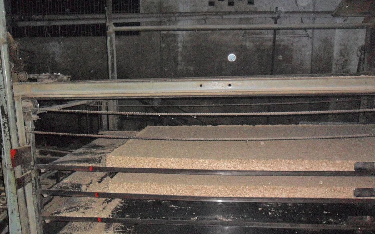 Industrial particleboard and MDF panel production line conveyor in a wood processing plant