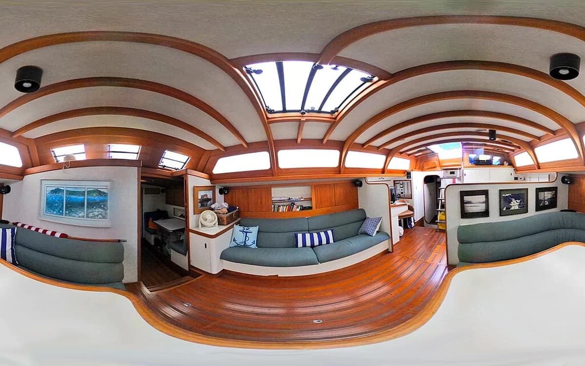 Luxury marine yacht saloon cabin interior with teak and poplar joinery woodwork