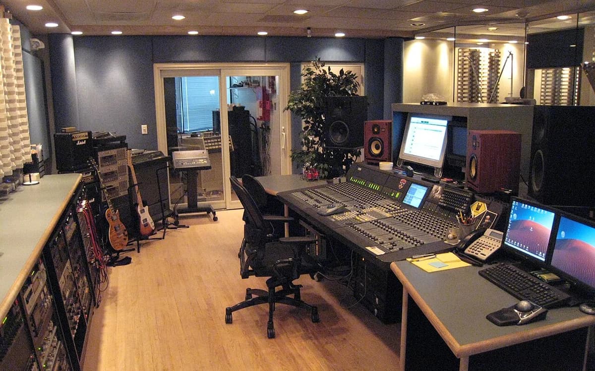 Studio room lined with fabric-wrapped acoustic wall panels
