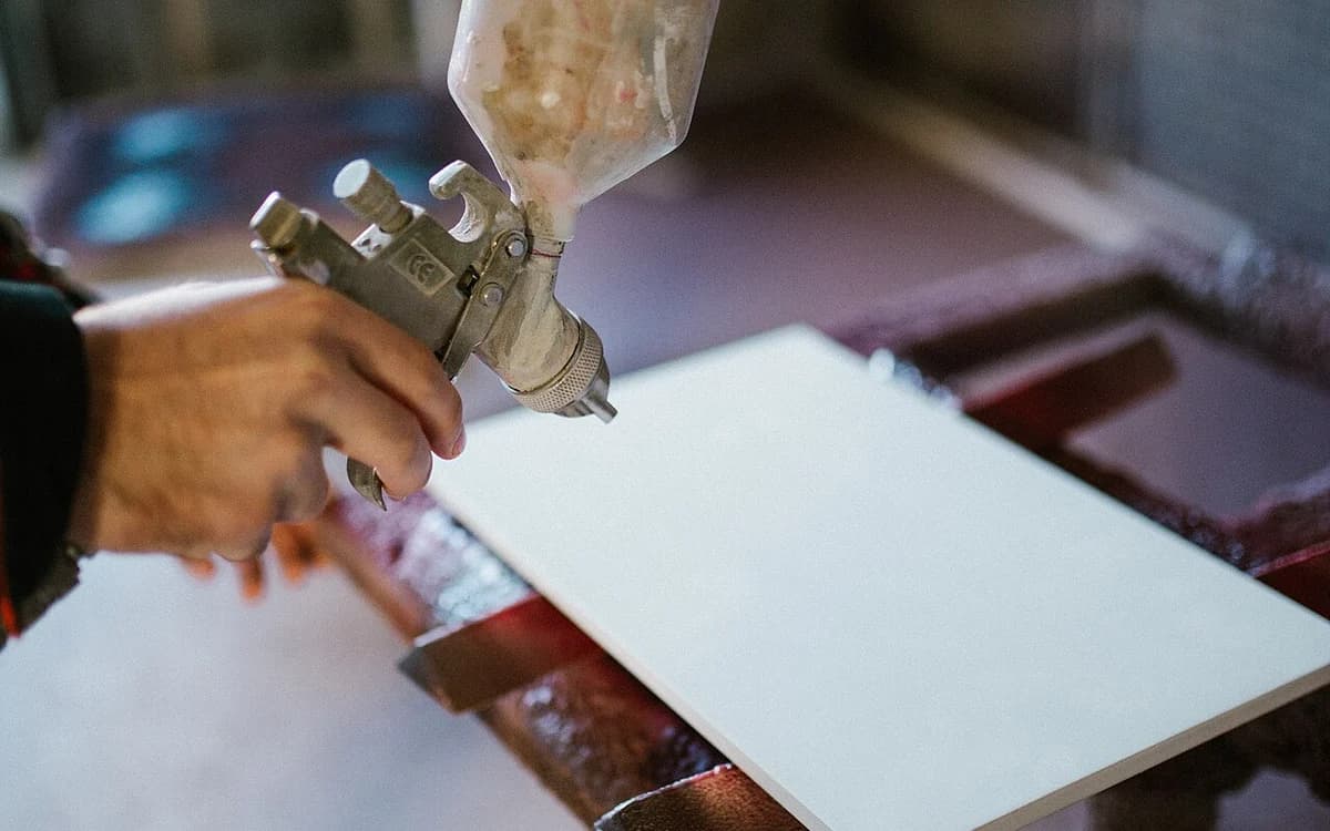 Technician spraying wood lacquer finish with an HVLP spray gun in a commercial finishing booth