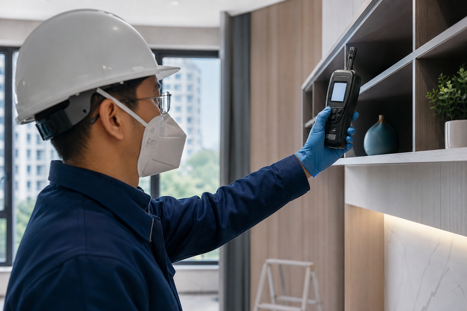 Indoor formaldehyde testing scene with handheld meter